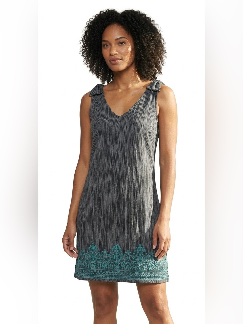 THML Textured V-Neck Dress with Teal Embroidery Lined Sleeveless Size M